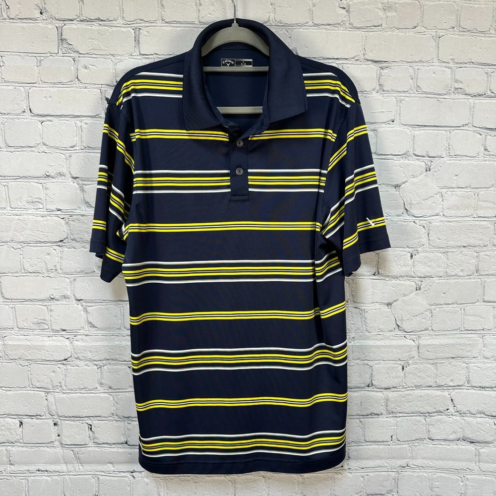 Callaway Collared Golf Polo Shirt, Size Large, Navy w/ Yellow/White Striped
